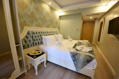 a hotel room with a large bed and a television at Sirkeci Ersu Hotel & SPA in Istanbul