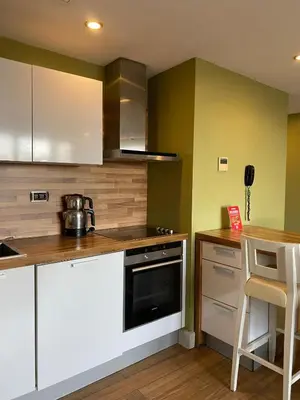a kitchen with white appliances and green walls at Taba Luxury Suites and Hotel in Istanbul