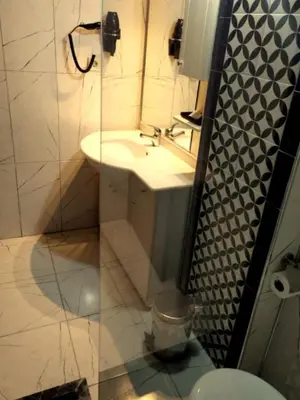 a bathroom with a sink and a toilet and a shower at Hotel Anibal in Gebze