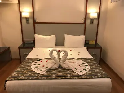 two swans made to look like hearts sitting on a bed at Muyan Suites in Istanbul
