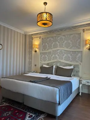 a bedroom with a large bed and a chandelier at Muyan Suites in Istanbul