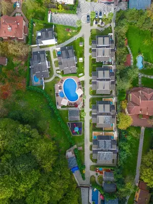 an overhead view of a yard with houses and a pool at Alfa Suites & SPA in Sapanca