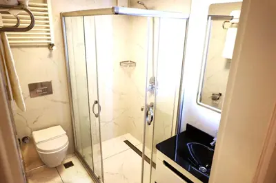 a bathroom with a shower and a toilet at Bakirkoy Tashan Business & Airport Hotel in Istanbul