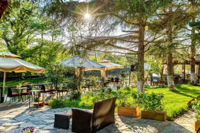a patio with chairs and tables and umbrellas at Park Mandalin Hotel - Adult only in Agva
