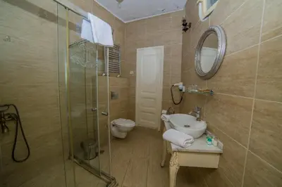 a bathroom with a shower and a sink and a toilet at HHK Hotel in Istanbul