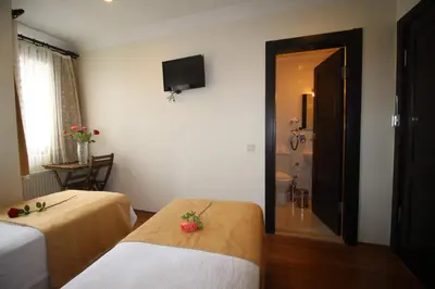 a hotel room with two beds and a television at Sultans Hotel in Istanbul