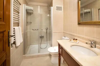 a bathroom with a sink and a toilet and a shower at Hotel Sari Konak in Istanbul