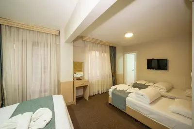 a hotel room with two beds and a television at Hotel Melita in Istanbul