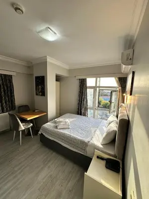 a bedroom with a bed and a desk and a window at Bade Boutique Hotel Kadıköy in Istanbul