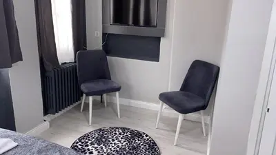 a room with two blue chairs and a rug at Taksim Hostel Green House Istanbul in Istanbul