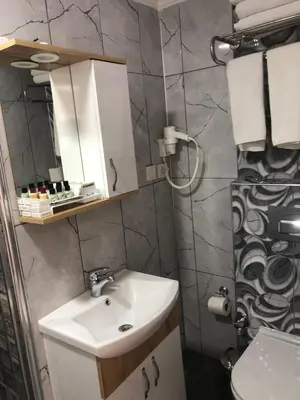 a bathroom with a sink and a mirror at Mevlana Hotel in Istanbul