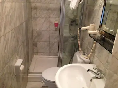 a bathroom with a shower and a toilet and a sink at Kybele Hotel in Istanbul