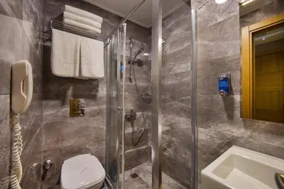 a bathroom with a shower and a toilet and a sink at Meretto Hotel LALELİ in Istanbul