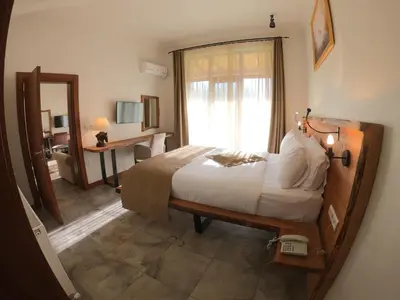 a bedroom with a bed and a desk and a window at Cevizdibi Hotel in Masukiye