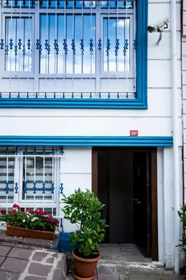 a building with a blue window and some plants at White Pearl Apart Hotel in Istanbul