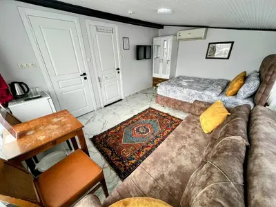 a living room with a couch and a bed at Pembe Hotel in Istanbul