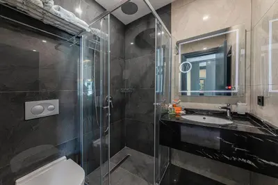 a bathroom with a shower and a toilet and a sink at The Magnaura Palace Hotel in Istanbul