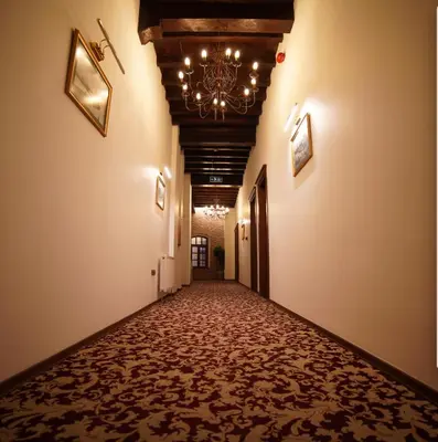 a long corridor with a chandelier and a hallway with a carpet at Panderma Port Hotel in Bandırma