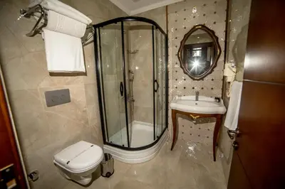 a bathroom with a shower and a toilet and a sink at Panderma Port Hotel in Bandırma