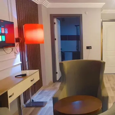 a room with a chair and a desk and a television at Ista Palace Hotel in Istanbul