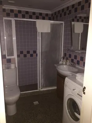 a bathroom with a toilet a sink and a washing machine at Hotel Eken Prestige in Bandırma