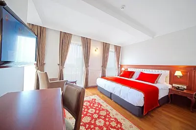 a bedroom with a bed with red pillows and a table at Aren Suites in Istanbul