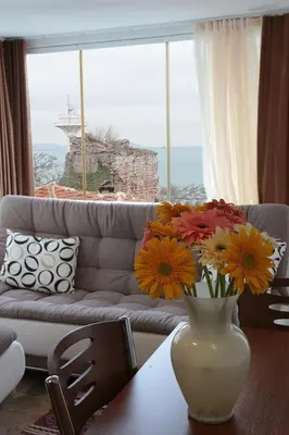 a living room with a vase of flowers on a table at Aycan Sultan Apart Hotel in Istanbul