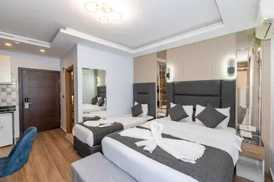 a hotel room with two beds and a fireplace at T-Square Residence in Istanbul