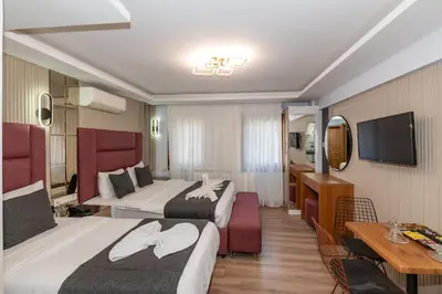 a hotel room with two beds and a television at T-Square Residence in Istanbul
