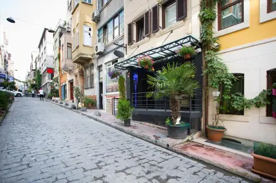 a cobblestone street with potted plants and buildings at T-Square Residence in Istanbul