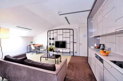 a kitchen and living room with a couch and a table at Upsuites Hotel in Istanbul
