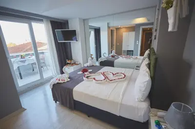 a bedroom with two beds with swans on it at Albatros Hagia Sophia Hotel in Istanbul