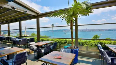 a restaurant with tables and chairs and a palm tree at Zimmer Bosphorus Hotel in Istanbul
