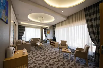 a living room with couches and chairs and a television at The Berussa Hotel in Bursa