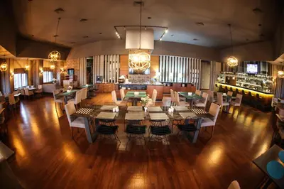 an overhead view of a dining room with a table and chairs at Hotel Yayoba in Tekirdag
