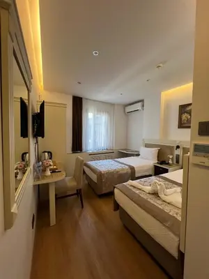 a hotel room with two beds and a table at Gul Hotel in Istanbul