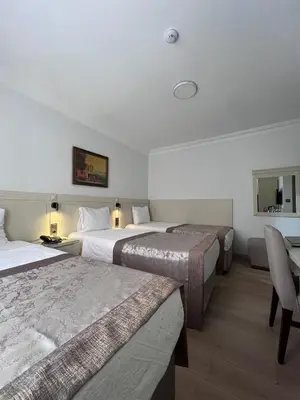 a hotel room with three beds and a table and chairs at Gul Hotel in Istanbul