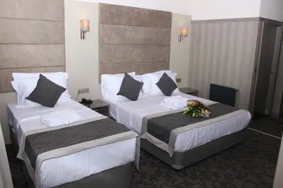 two beds in a hotel room with flowers on them at Anka Premium Hotel in Istanbul