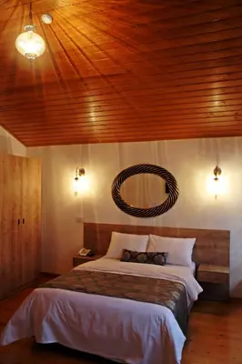 a bedroom with a large bed with a wooden ceiling at Belizia Hotel in Istanbul