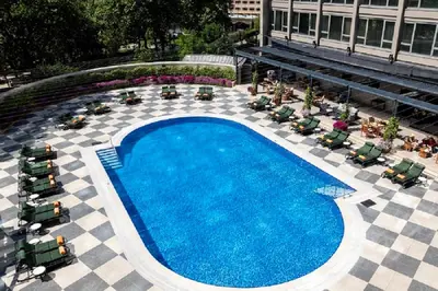 an overhead view of a swimming pool with patio furniture at InterContinental Istanbul by IHG in Istanbul