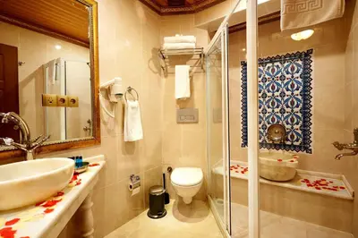 a bathroom with a shower and a sink and a toilet at Marmara Deluxe Hotel in Istanbul
