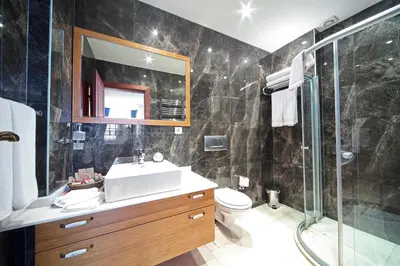 a bathroom with a sink and a shower and a toilet at Dilhayat Kalfa Hotel in Istanbul