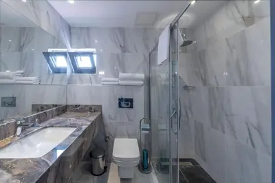 a bathroom with a shower and a toilet and a sink at Feri Suites in Istanbul