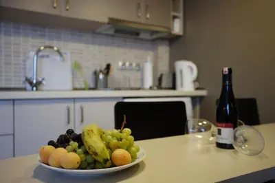 a plate of fruit on a kitchen counter with a bottle of wine at Home Stay Home Sisli in Istanbul