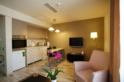 a kitchen and living room with a couch and a table at Home Stay Home Sisli in Istanbul