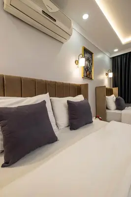 a bedroom with a large white bed with two pillows at Family Istanbul Hotel in Istanbul