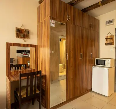 a kitchen with a wooden partition with a microwave and a refrigerator at Pi Home & Apartments in Istanbul