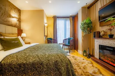 a hotel room with a bed and a fireplace at Lord Morgan & Exclusive Design Residence Cihangir in Istanbul