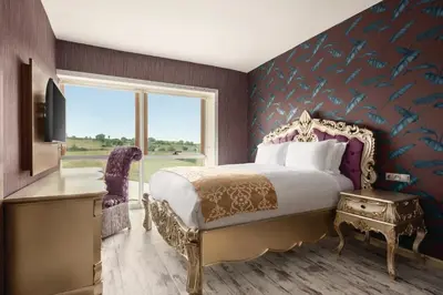 a bedroom with a large bed and a large window at Wyndham Cerkezkoy in Cerkezkoy