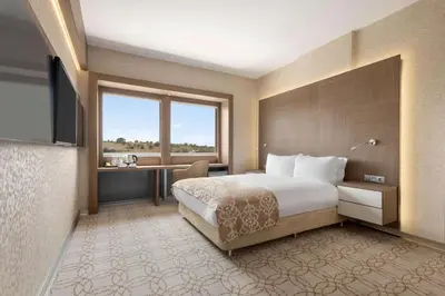 a bedroom with a bed and a desk and a window at Wyndham Cerkezkoy in Cerkezkoy